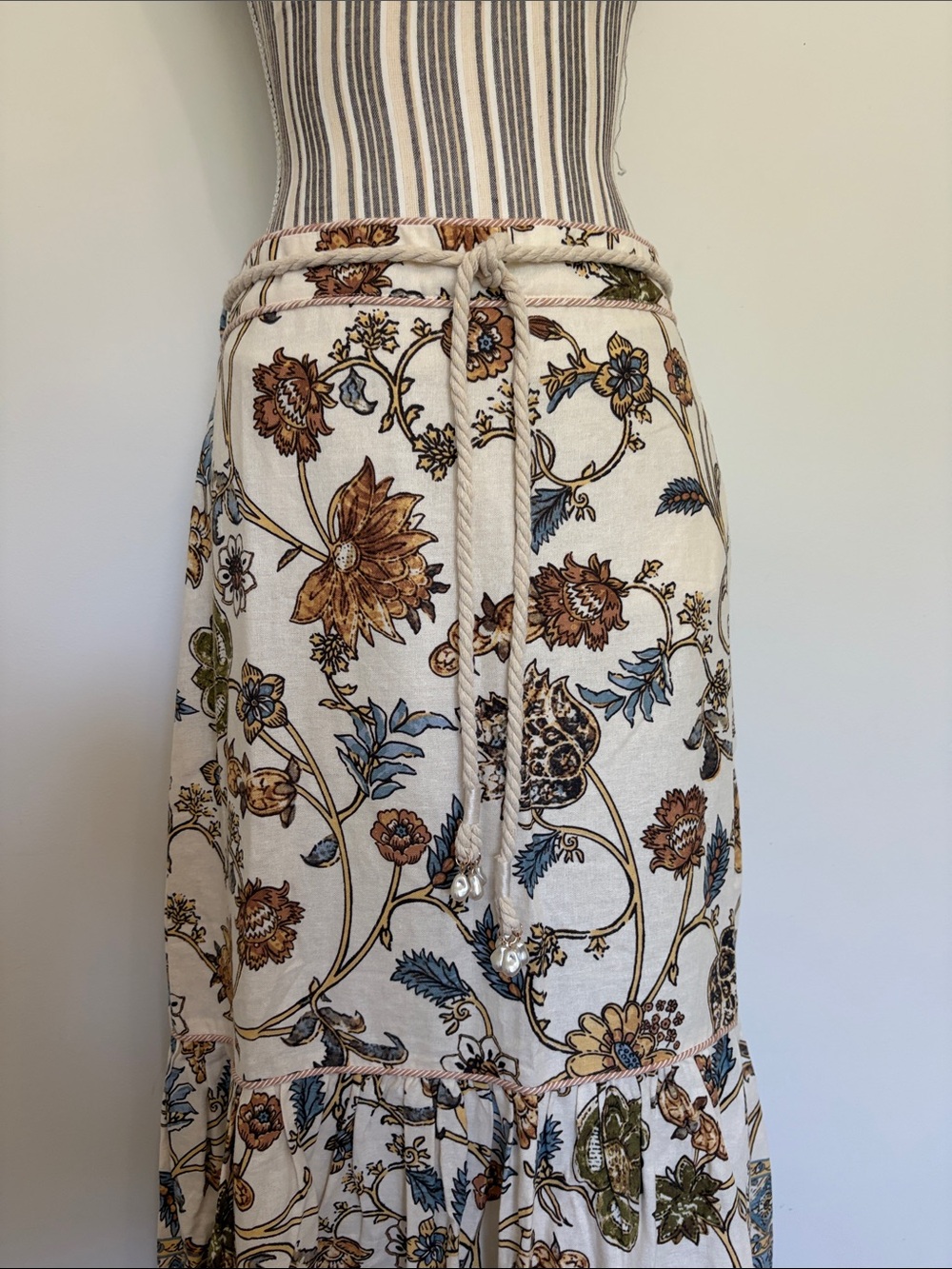 Calypso- Floral Tiered Maxi Skirt in Cream with Blue and Brown Accents - Picture 3 of 12